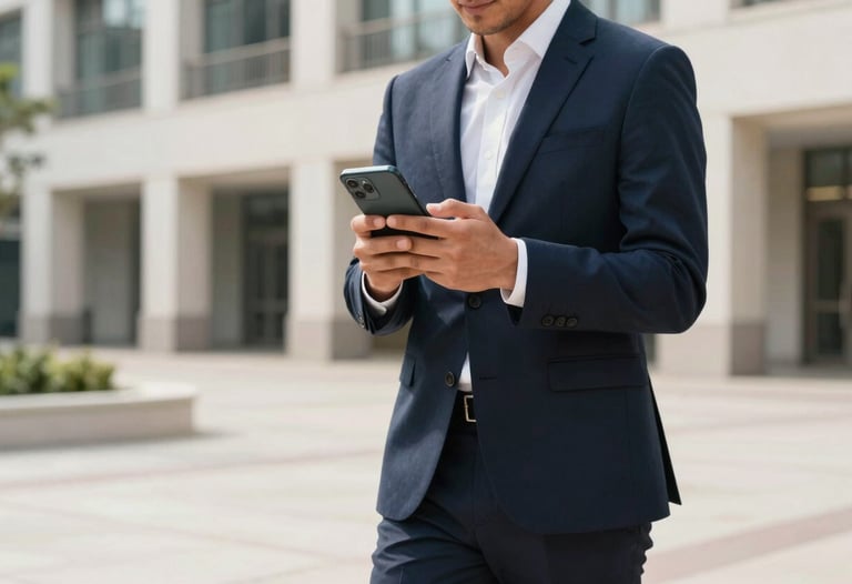 A lifestyle photograph of a professional person using an Android phone while walking through a bright, clean North American architectural plaza. The tone is inspiring and user-centric.