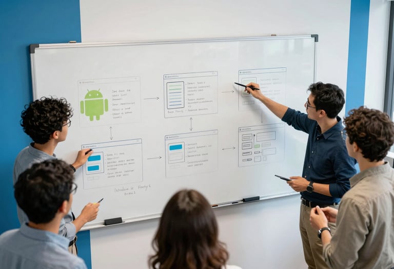 A high-angle photograph of a team brainstorming Android app wireframes on a digital white-board. The room is a bright, professional North American studio with bright blue accents.