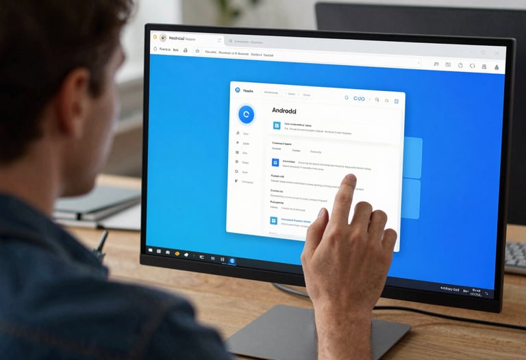 An over-the-shoulder shot of a designer working on an Android UI project on a large high-resolution monitor. The screen displays a palette of bright blue and clean whites. North American office setting.