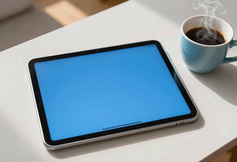 A top-down view of an Android tablet placed next to a steaming cup of coffee in a bright, modern North American home setting. The lighting is warm and inspiring, using a palette of bright blue and pale blue grey.