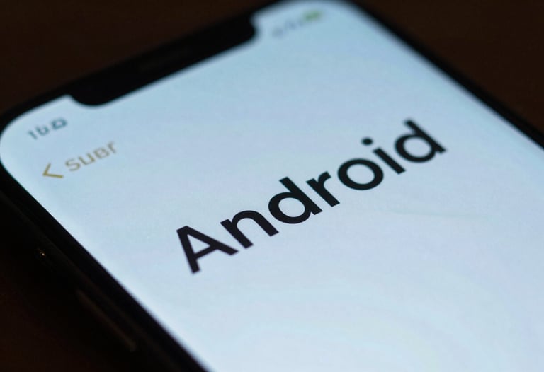 Detailed shot of an Android smartphone interface, emphasizing soft blue highlights and clean typography. The lighting is cinematic and professional, reflecting an innovative brand spirit.