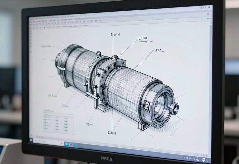 Technical drawing view of a packaging assembly on a high-resolution screen in a modern German engineering office. Soft ambient lighting, professional environment.