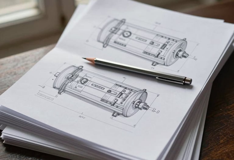 A top-down view of a stack of technical packaging drawings on high-quality paper, with a silver mechanical pencil resting on top. Soft daylight from a nearby window.