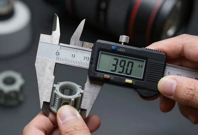 A close-up of a designer's hand using a high-precision digital caliper to measure a 3D-printed component. Professional lighting, technical focus.