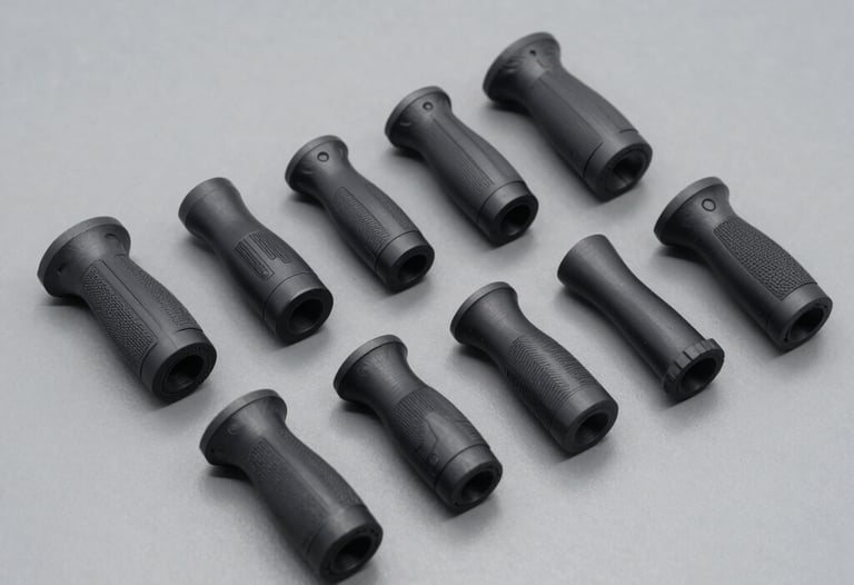 A series of 3D-printed ergonomic prototypes for a handheld tool, arranged neatly on a mid-gray surface. Each prototype shows a different iteration of grip geometry.