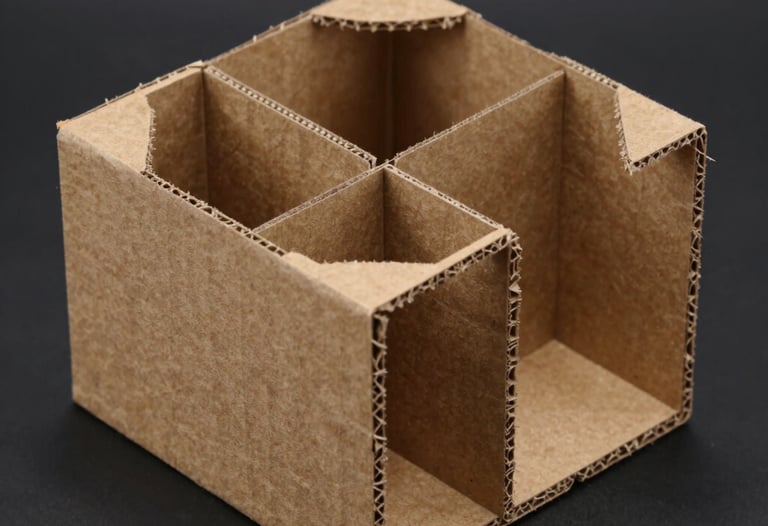 A professional product photograph of a complex cardboard structural insert for industrial electronics, showcasing precise folds and geometric strength. Minimal studio lighting against a dark charcoal background.