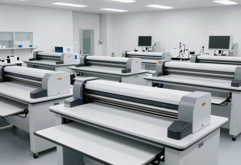 A wide shot of a modern, minimal packaging laboratory in Central Europe with clean white tables and large structural plotters. The atmosphere is professional and orderly.