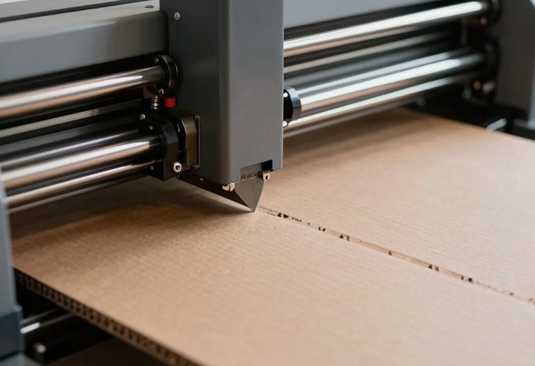 A close-up of a high-end industrial plotter cutting a complex cardboard structure. The image captures the motion of the blade and the precision of the cut.