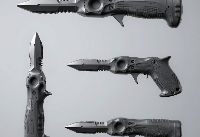 A high-fidelity CAD render of a handheld industrial tool with complex surfacing, shown from three technical angles against a neutral silver-gray background.