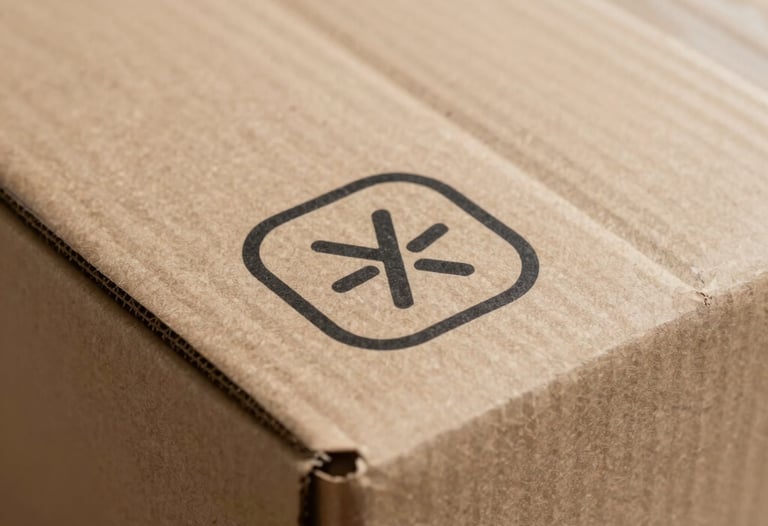 Close-up of a high-quality finished corrugated box with a clean, minimalist brand logo printed in black ink. The lighting is crisp and detailed, showing the paper texture.