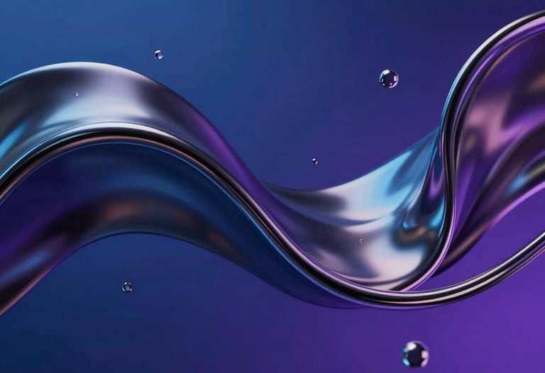 Close-up of elegant 3D metallic liquid shapes swirling in a deep blue and purple space, high-end motion design aesthetic, professional lighting.