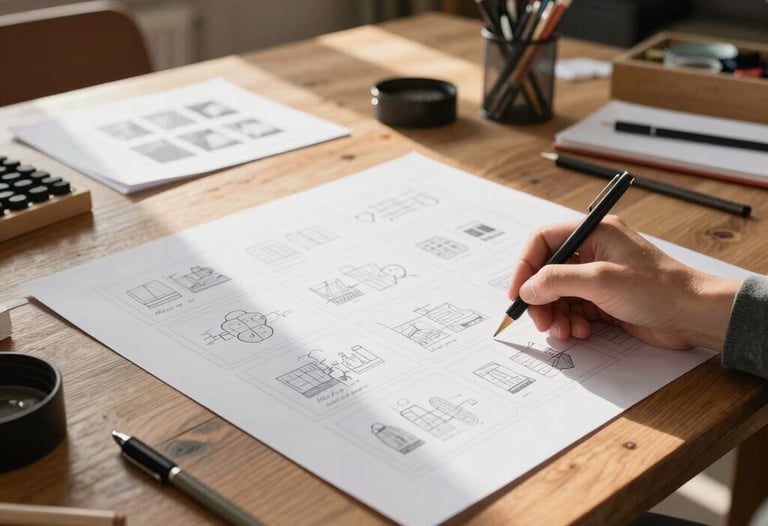A wide shot of a designer reviewing a storyboard on a large wooden table in a sunlit studio, European French style, creative tools visible.
