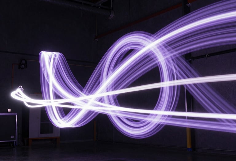Abstract light trails in lavender and white moving through a dark technical space, sharp details, cinematic composition.