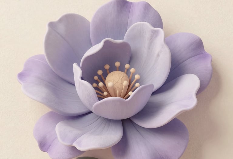 Soft 2D animation frame of a blooming flower merging into a cream texture, pastel lavender and light grey palette, elegant and artistic.