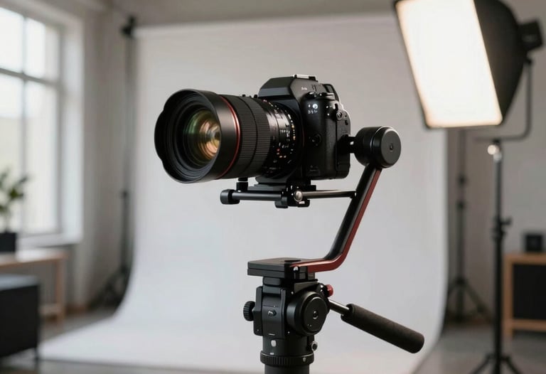 A sleek studio setup in a modern French loft, professional camera gear on a stabilizer, soft lighting, creative and professional mood.