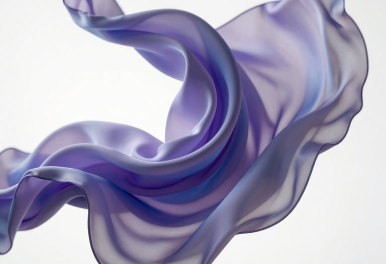 Abstract silk-like fabrics floating in a white void, soft lighting, lavender and blue reflections, high-end motion design render.