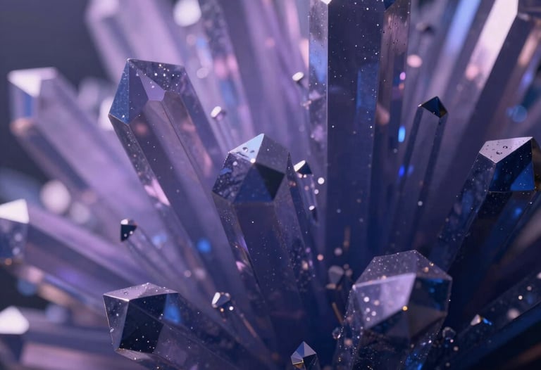 Digital rendering of abstract crystalline structures refracting light into lavender and dark blue shadows, cinematic and technical.