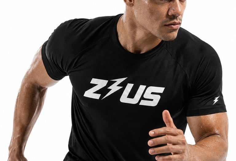 Athlete sprinting in black Zeus sweat-wicking gym shirt for intense training in NZ.