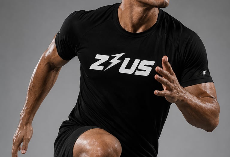 Male athlete in black Zeus breathable performance tee for men's gym wear NZ.