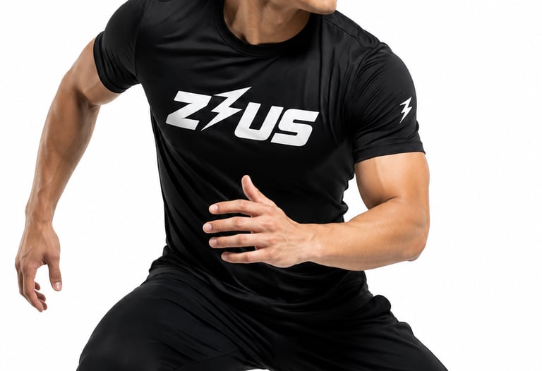 Male athlete in black Zeus performance tee showing flexible men's gym wear NZ on a white background.