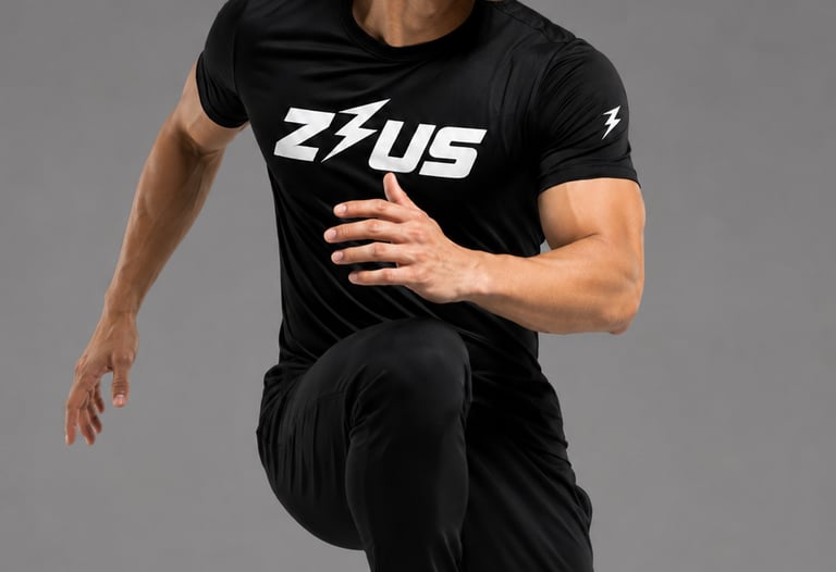 Athlete in black Zeus training tee performing a high-knee move in breathable men's activewear NZ.