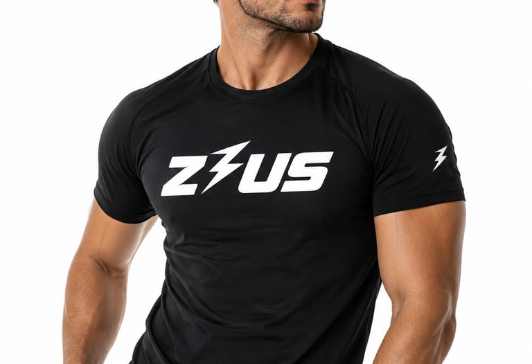 Male model in black Zeus gym t-shirt on white background showing premium men's activewear NZ.
