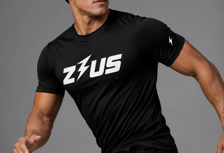 Male athlete in black Zeus performance tee on grey background showing athletic fit gym wear NZ.