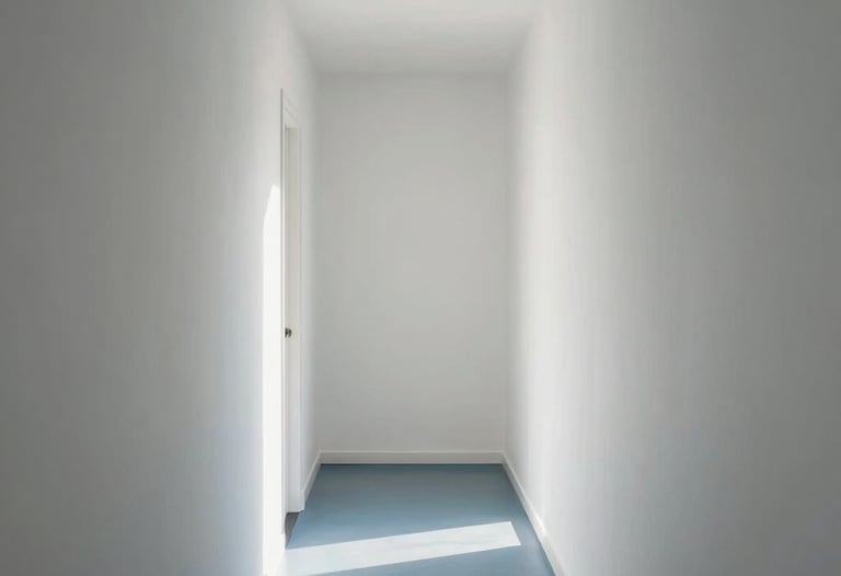 Clean photo of a white hallway with perfectly smooth drywall surfaces. Minimalist aesthetic, steel blue floor, soft morning light in a Brazilian apartment.