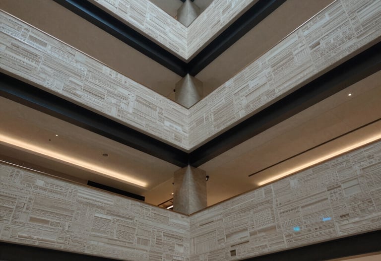 Photo of a modern lobby with complex multi-level drywall ceilings and hidden steel blue lighting. High contrast, architectural detail.