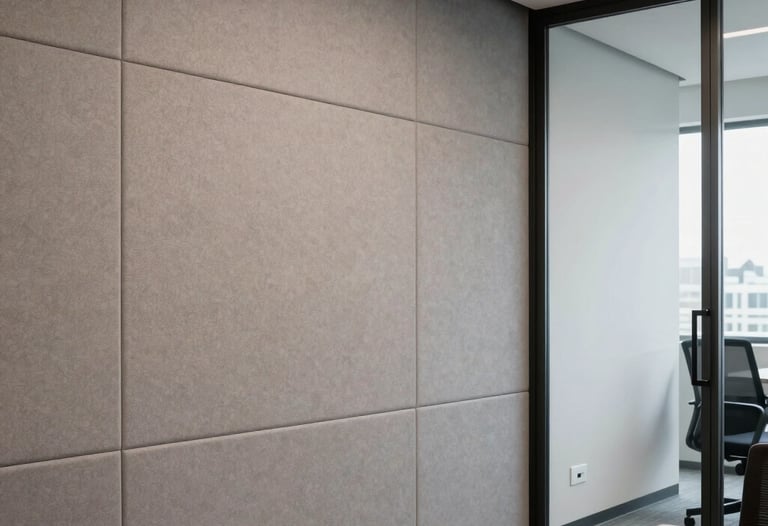 Clean photo of a modern office meeting room with soundproofing drywall panels and a large glass door. Professional Brazilian corporate setting.