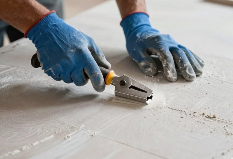 Detailed shot of a plasterboard surface being polished to perfection. Brazilian construction worker's hands, specialized tools, steel blue work gloves.