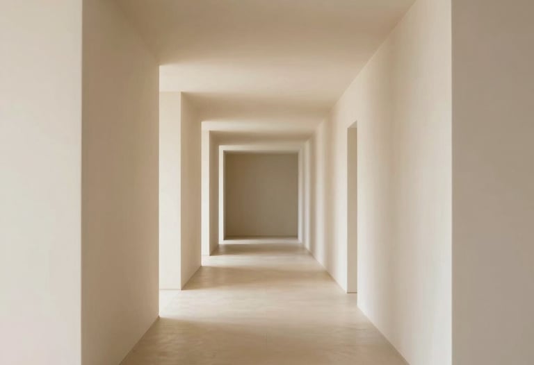 Perspective view of a long hallway with rhythmic drywall niches. Professional lighting, minimalist style, cream and tan color palette.