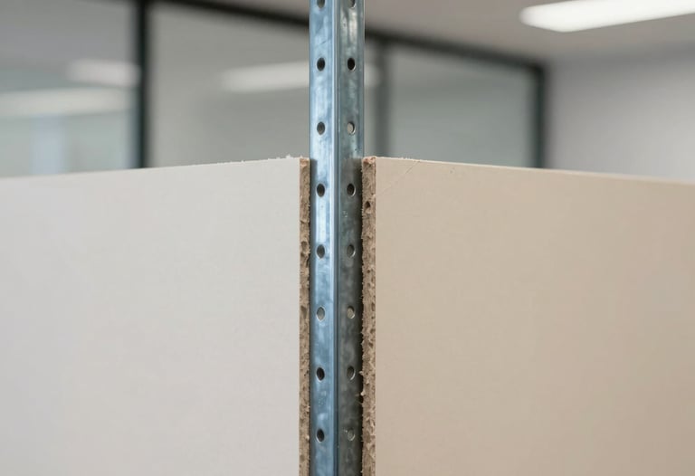 Close-up photography of a professional drywall edge finish in a modern South American commercial office. The steel blue metal studs are visible behind a partially installed cream-colored board. Sharp focus, professional lighting.