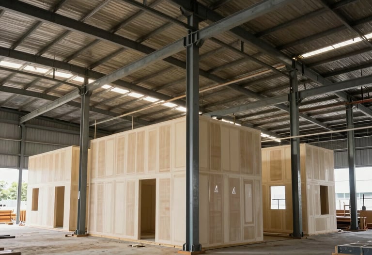 Photography of a large commercial warehouse being converted into an office with steel structures for drywall partitions. Brazilian construction site, professional setting.