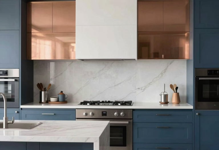 High-quality architectural photo of a modern kitchen with a clean drywall bulkhead over the island. Steel blue cabinetry, warm copper accents.