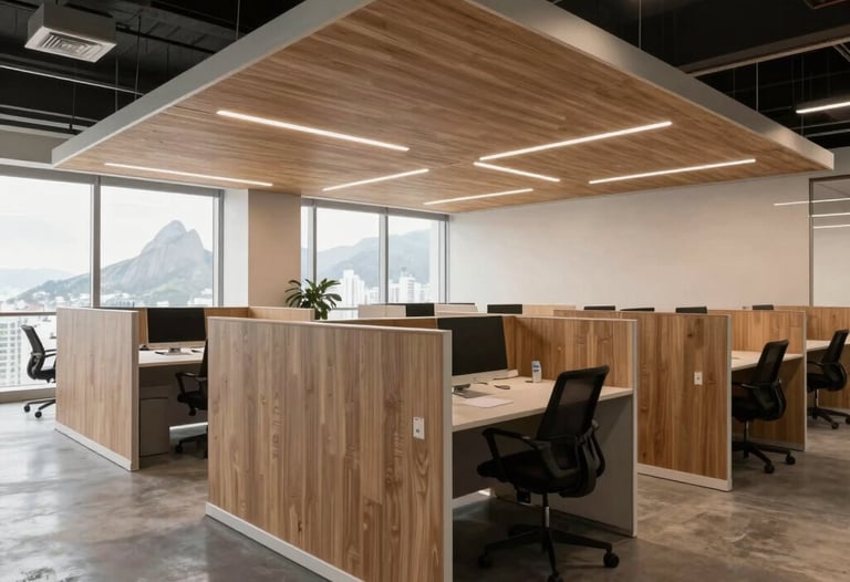 Wide shot of a completed office space in Rio de Janeiro with industrial ceilings and drywall partitions. Modern professional environment.