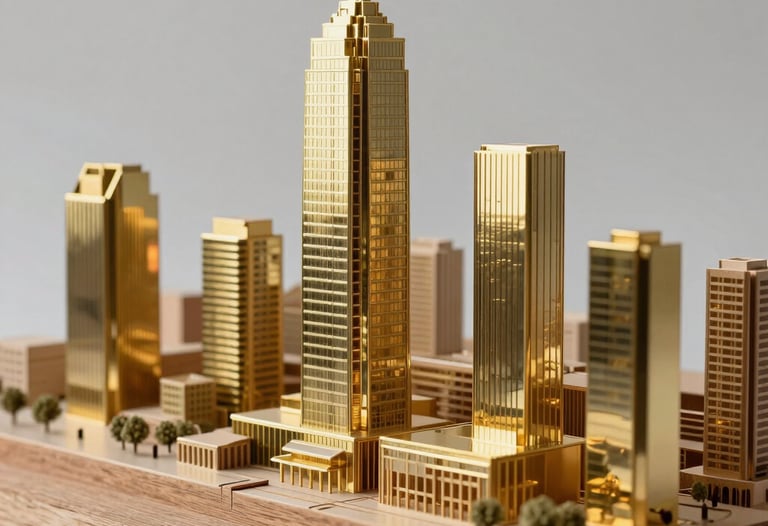 Close-up of a high-end architectural model made of wood and gold-colored metal, reflecting a sophisticated South American urban project under sharp studio lighting.