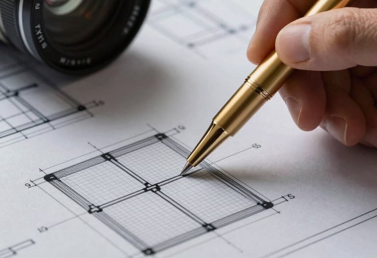 Close-up shot of a structural blueprint being pointed at with a golden pen on a graphite grey surface.