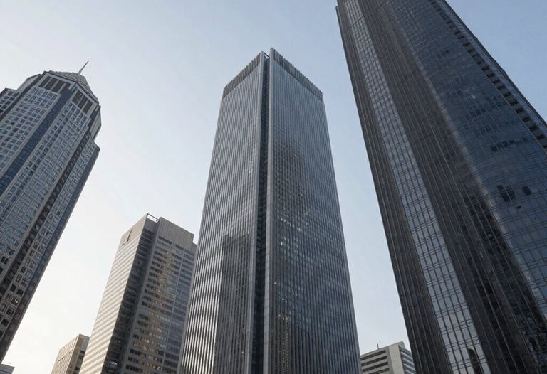Perspective shot looking up at several sleek, graphite grey skyscrapers in a modern South American business district, captured during a clear day.
