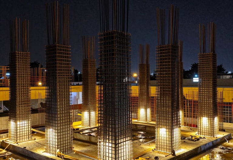 Dramatic photograph of a massive foundation pour at night with golden artificial lights illuminating the wet concrete and steel reinforcements.