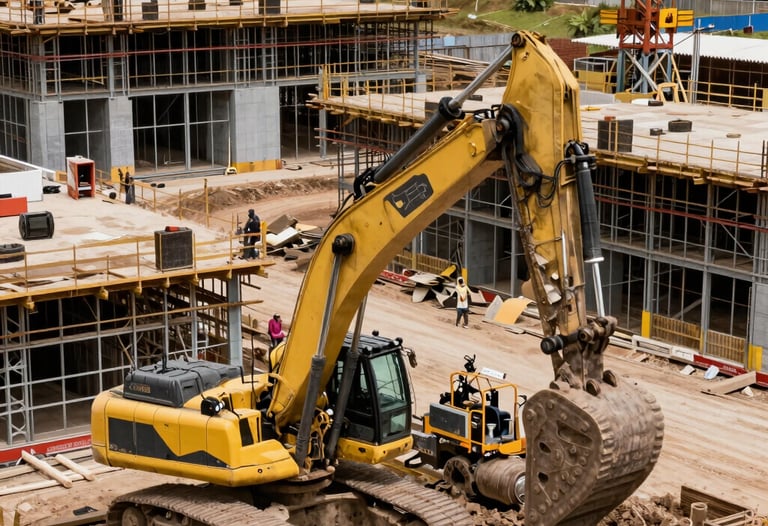 High-angle shot of a construction site with heavy machinery and steel structures, emphasizing scale and industrial power, in a South American setting.