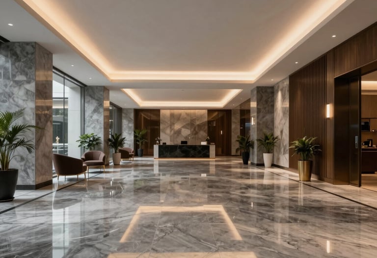 Interior of a luxury corporate lobby in Brazil with graphite grey marble floors and warm lighting, emphasizing a sophisticated atmosphere.