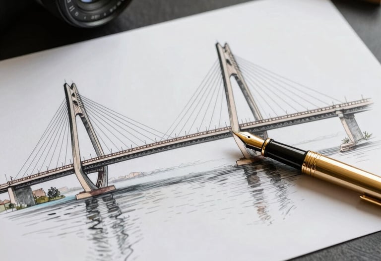 Architectural sketch on a dark desk with a golden fountain pen and a scale model of a bridge, reflecting a luxury design process.