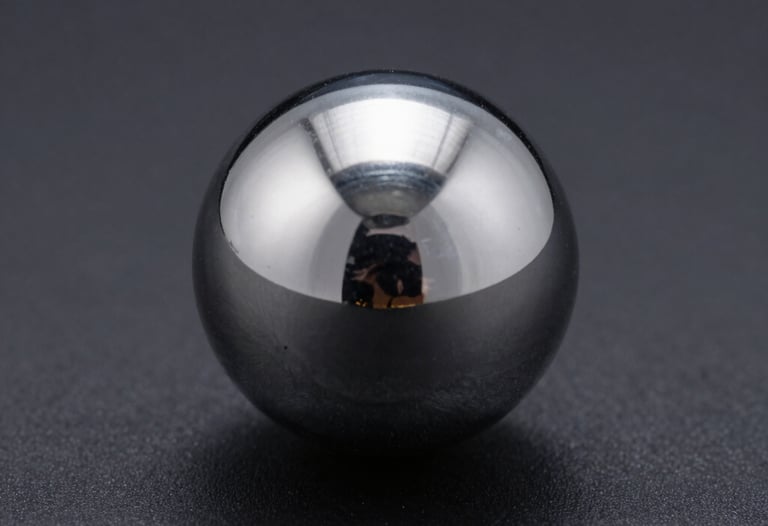 Macro shot of a silver chrome sphere on a matte black surface. Perfect reflections, sharp edges, and a sense of industrial engineering.