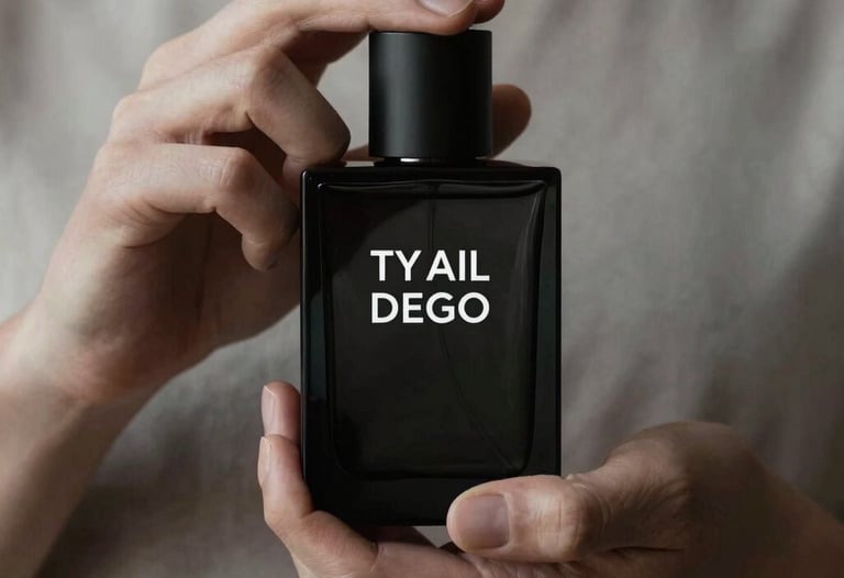 An editorial fashion shot of a model's hands holding a black minimalist perfume bottle. High contrast lighting, desaturated tones, sharp focus on the typography.
