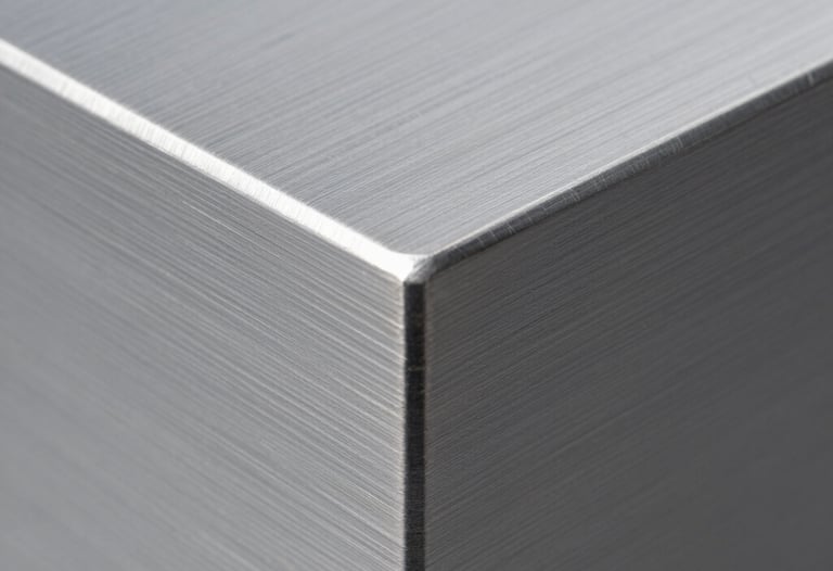 Macro photography of a brushed aluminum surface with a clean, sharp edge. Industrial precision, soft grey gradients, and studio lighting.
