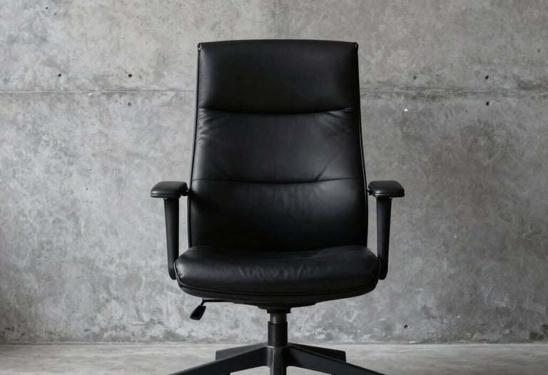 A minimalist workspace featuring a high-end designer chair in black leather against a grey concrete wall. Perfect lighting and industrial symmetry.
