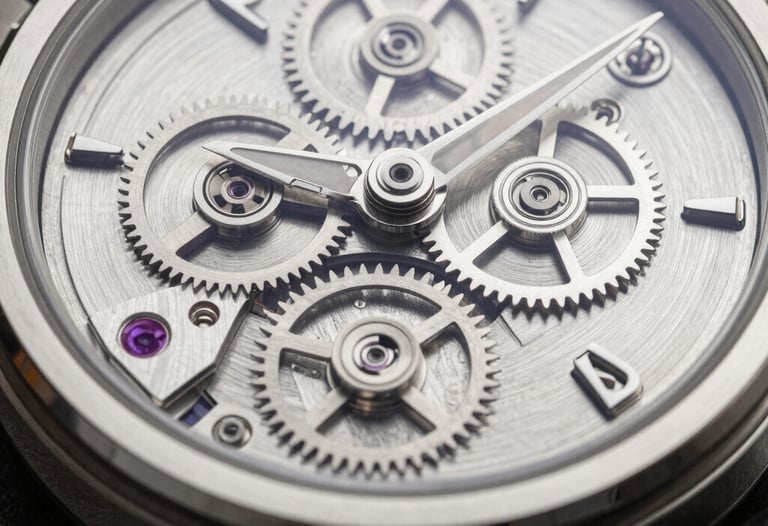 A macro, desaturated close-up of a high-end luxury watch movement. Polished brushed silver surfaces and intricate gears. Industrial design precision. Studio lighting with deep, controlled shadows.