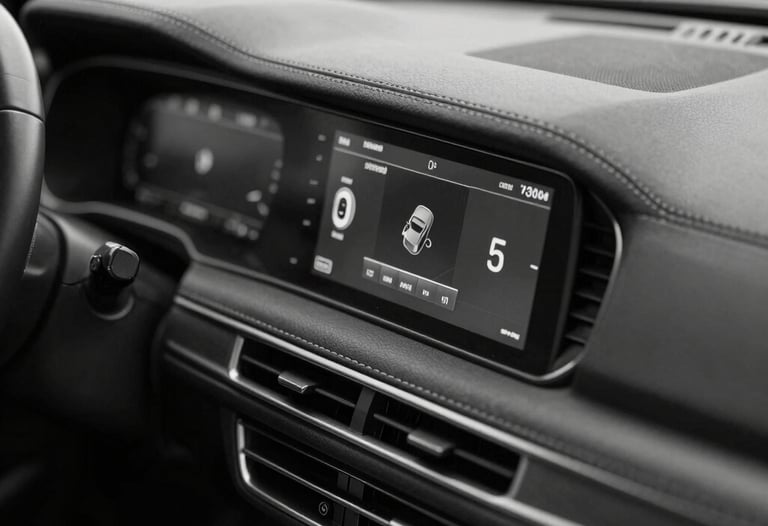 Editorial black and white shot of a modern car's dashboard, showing only the precise digital display and leather stitching. Seductive and restrained.