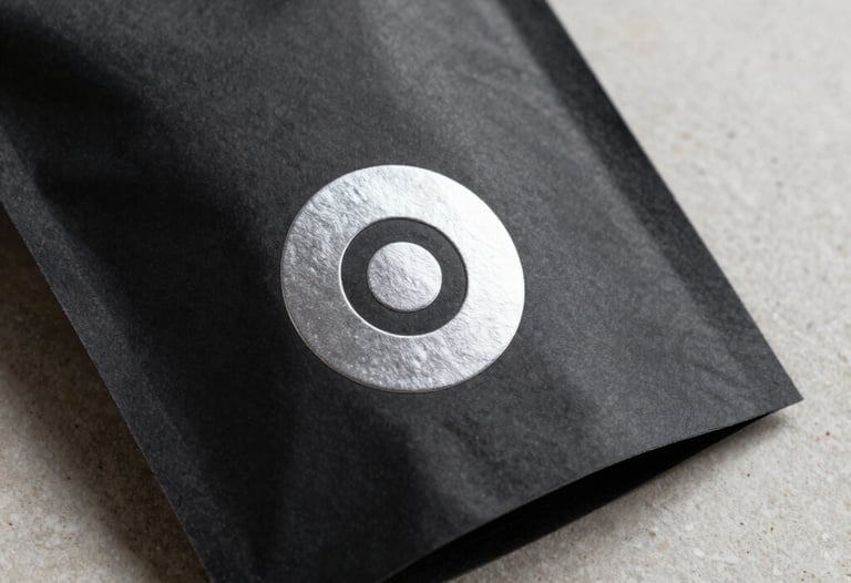 Detail shot of a minimalist product package. Matte black cardstock with a silver embossed logo. Soft grey shadows on an off-white stone surface. Premium feel.